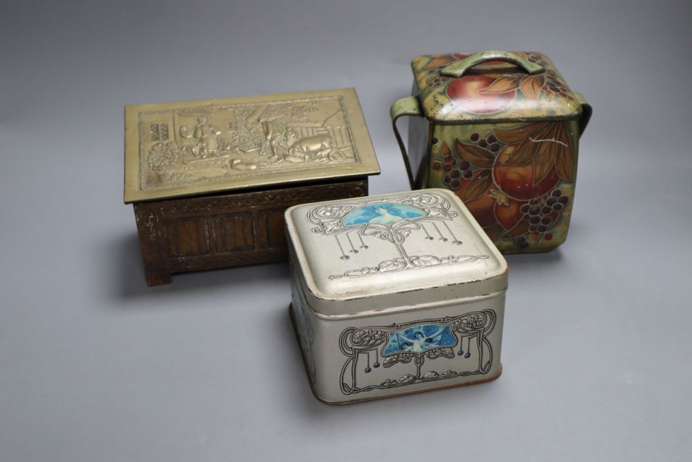 Two Jacobs biscuit tins, embossed coffer, 16cm wide and a Pomegranate design after Moorcroft and one other biscuit tin